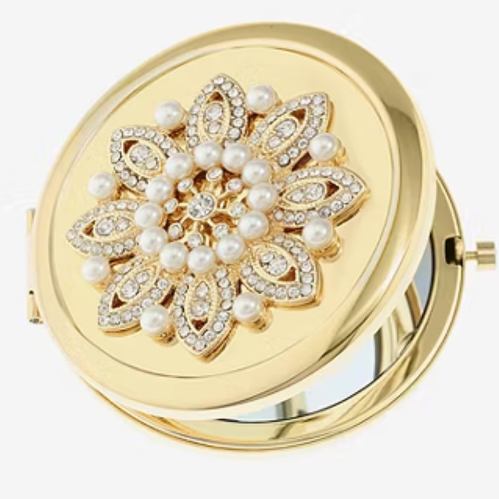 Monet Elegant Gold Compact Mirror with Pearl and Crystal Design NWT